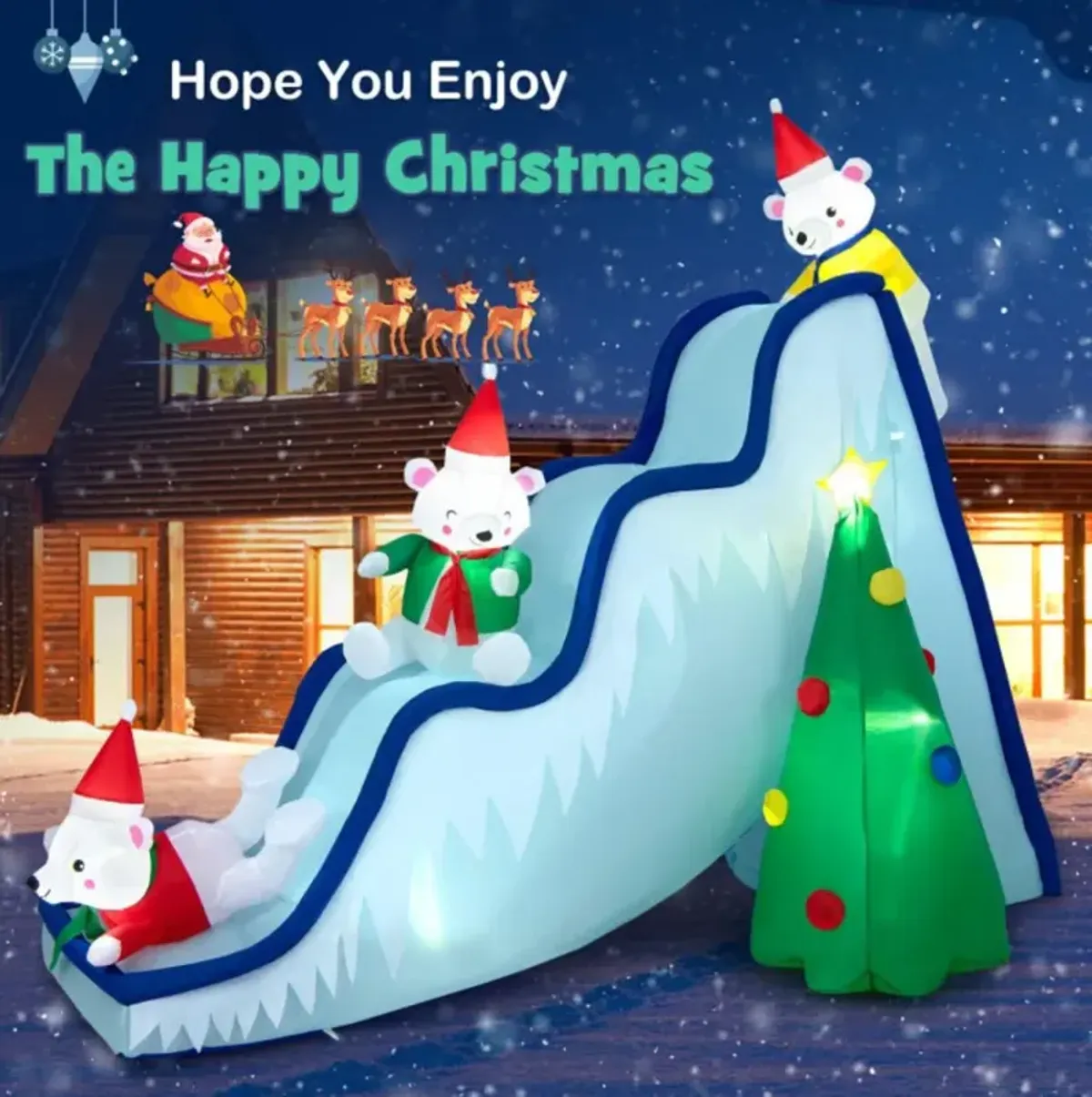 Hivvago 9 Feet Inflatable Polar Bear Slide Scene Decoration with LED Lights