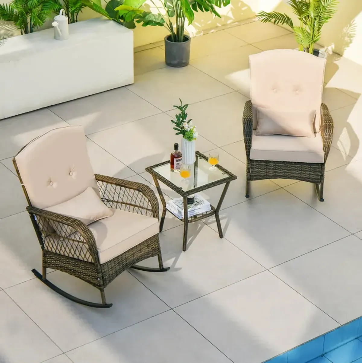 3 Pieces Outdoor Hand-Woven PE Rattan Conversation Set with Tempered Glass Side Table-Beige