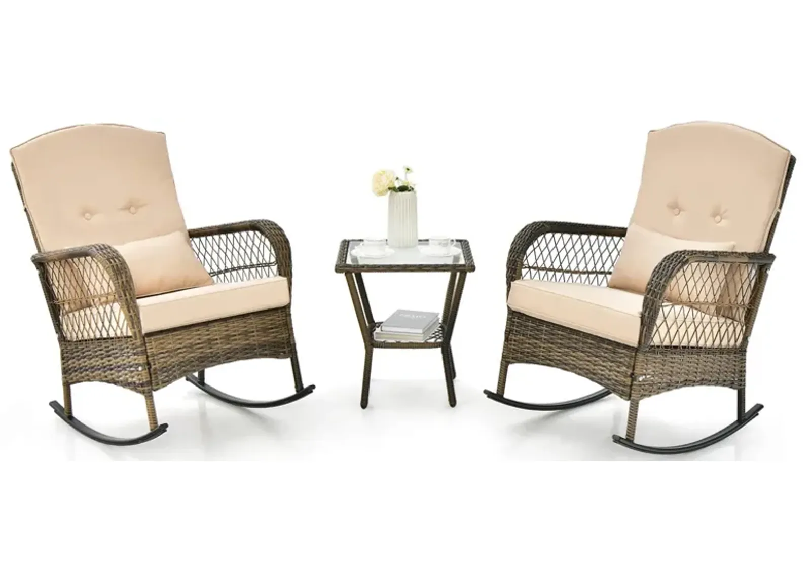 3 Pieces Outdoor Hand-Woven PE Rattan Conversation Set with Tempered Glass Side Table-Beige