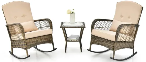 3 Pieces Outdoor Hand-Woven PE Rattan Conversation Set with Tempered Glass Side Table-Beige