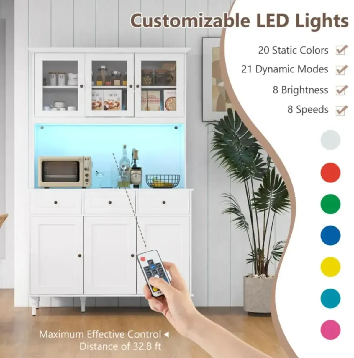 Hivvago 77 Inches Kitchen Pantry Storage Cabinet with LED Lights and Power Outlets-White