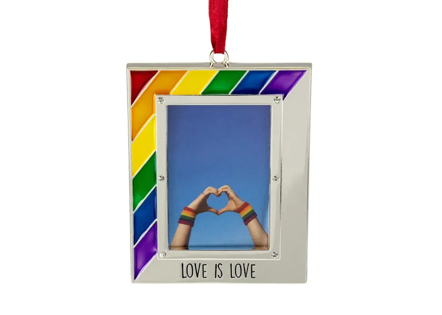 3.5" Silver-Plated Love is Love Frame Pride Christmas Ornament with European Crystals