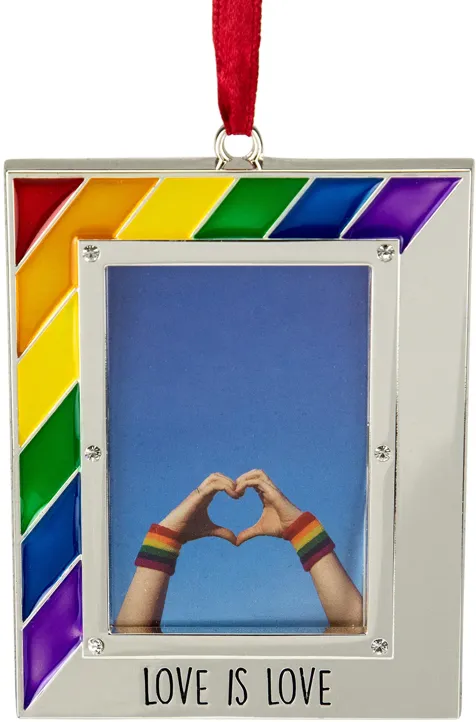 3.5" Silver-Plated Love is Love Frame Pride Christmas Ornament with European Crystals