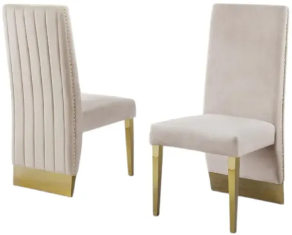 Set of 2 Cream Velvet Tufted Side Chairs with Gold Legs and Nailhead Trim