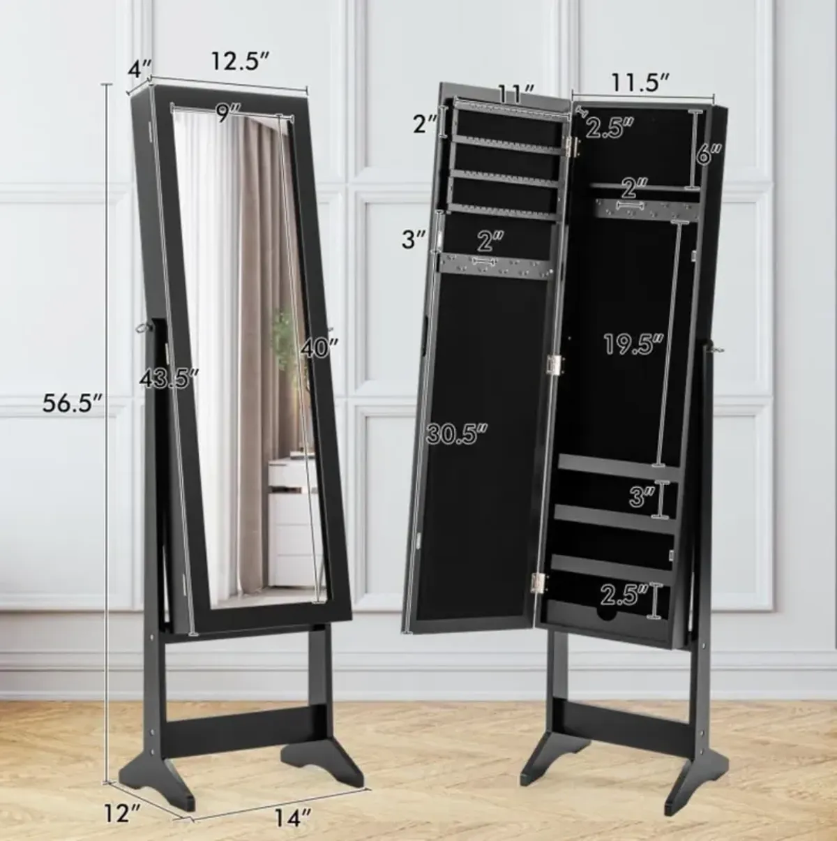 Hivvago Mirrored Standing Jewelry Cabinet Storage Box