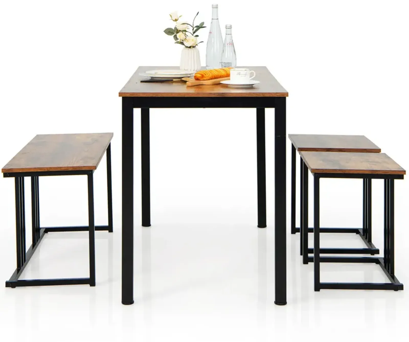 4 Pieces Space-Saving Dining Table Set with Bench and 2 Stools