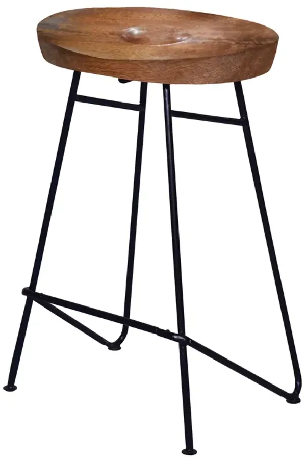 26 Inch Industrial Counter Height Stool, Contoured Mango Wood Seat, Iron, Cafe Brown, Black-Benzara