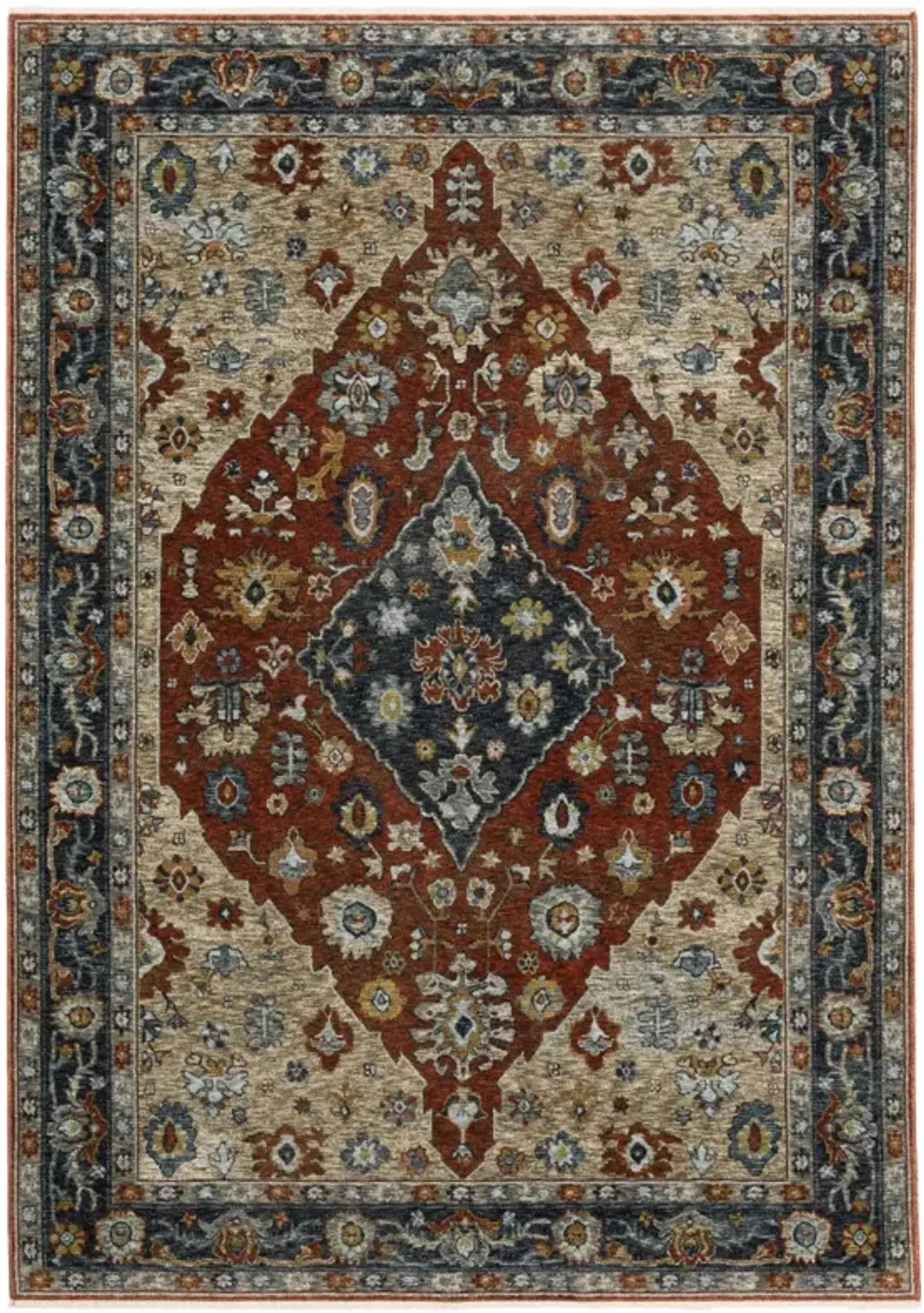2 X 3 Blue Beige Tan Brown gold And Rust Red Oriental Power Loom Stain Resistant Area Rug With Fringe