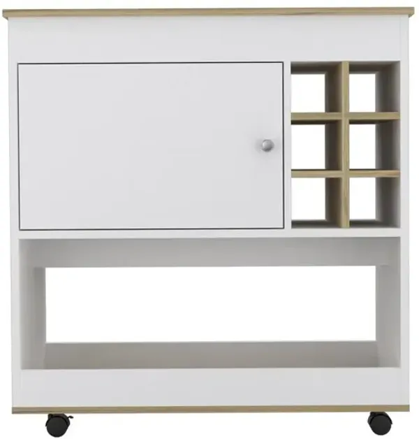 DEPOT E-SHOP Lotus Bar Cart-Six Bottle Cubbies, One Cabinet, Countertop, Lower Panel, Four Casters-White/Light Oak, For Livingroom