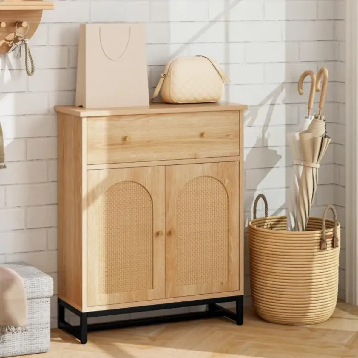 Hivvago Accent Floor Storage Cabinet with Rattan Doors and Drawer-Natural