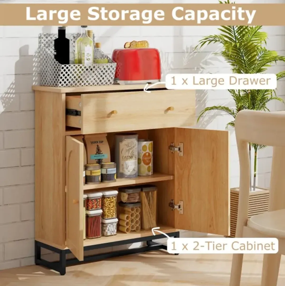 Hivvago Accent Floor Storage Cabinet with Rattan Doors and Drawer-Natural