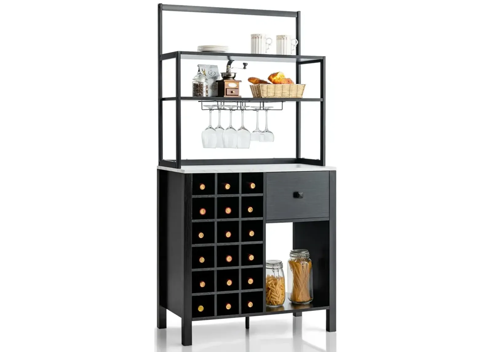 Kitchen Bakers Rack Freestanding Wine Rack Table with Glass Holder and Drawer