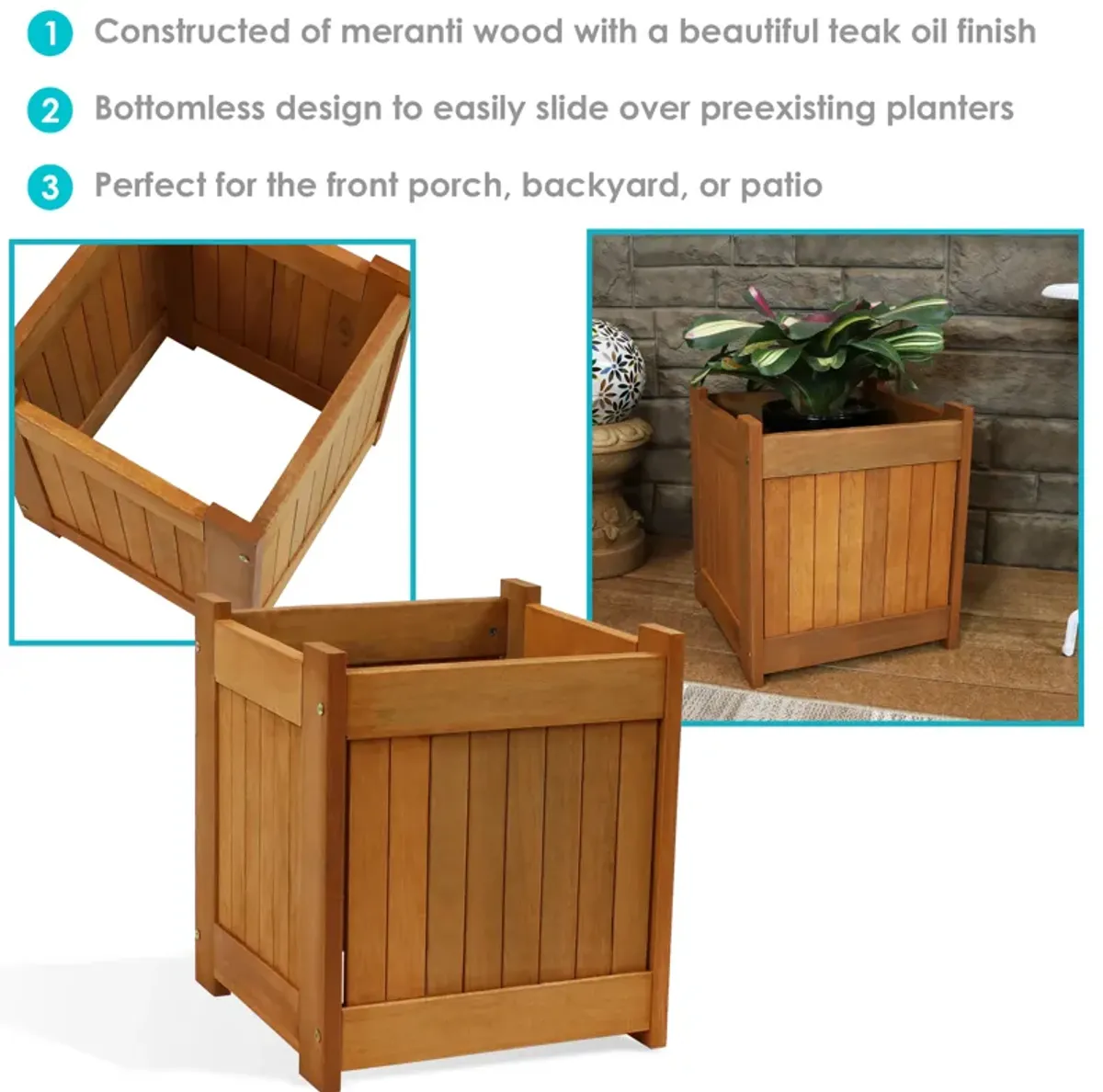 Sunnydaze Meranti Wood Decorative Square Planter Box - 16 in