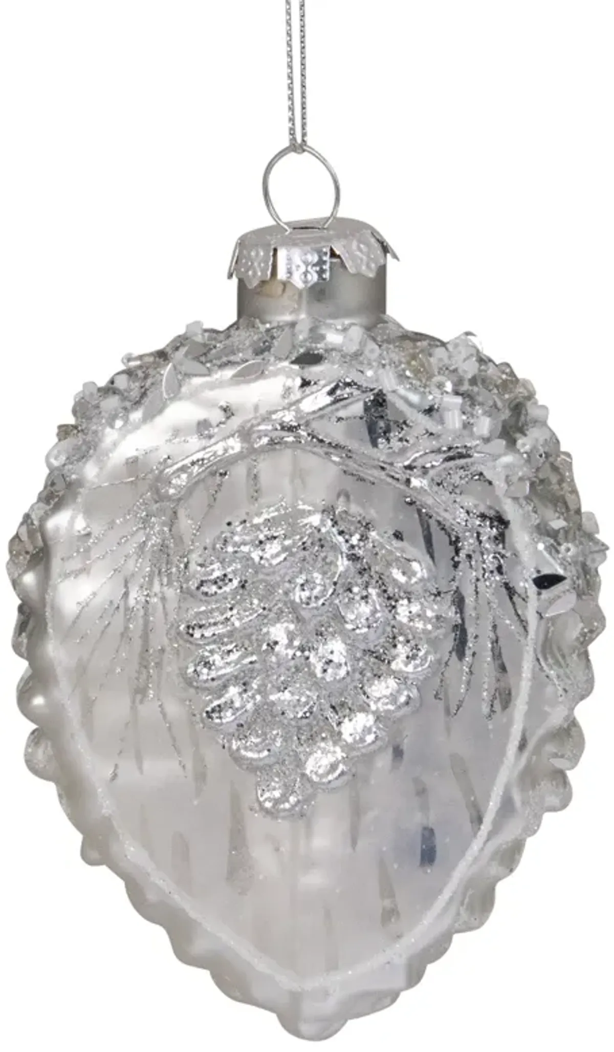 4" Silver Glittered Half Pine Cone Glass Christmas Ornament