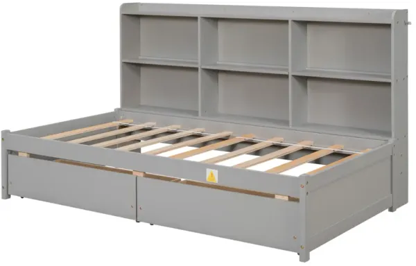 Twin Bed with Side Bookcase, Drawers