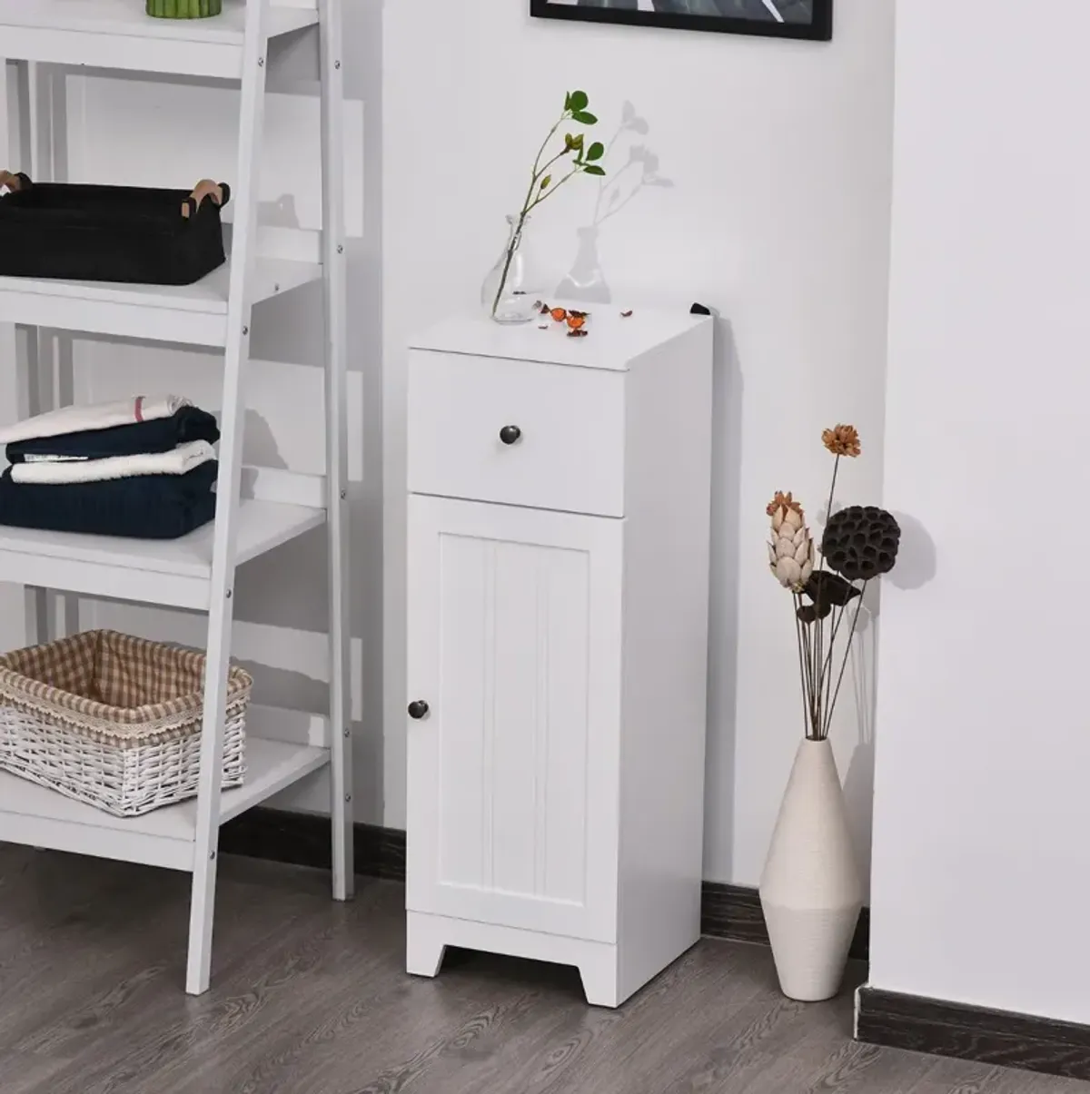 White Bathroom Storage: Small Floor Cabinet with Drawer & Shelf