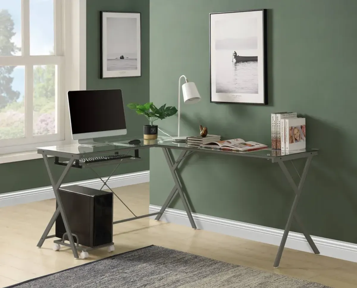 ACME Demas Computer Desk, Clear Glass & Silver Finish