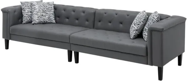Ella 120 Inch 4 Seater Sofa, Deep Button Tufted, Gray Vegan Faux Leather-Benzara