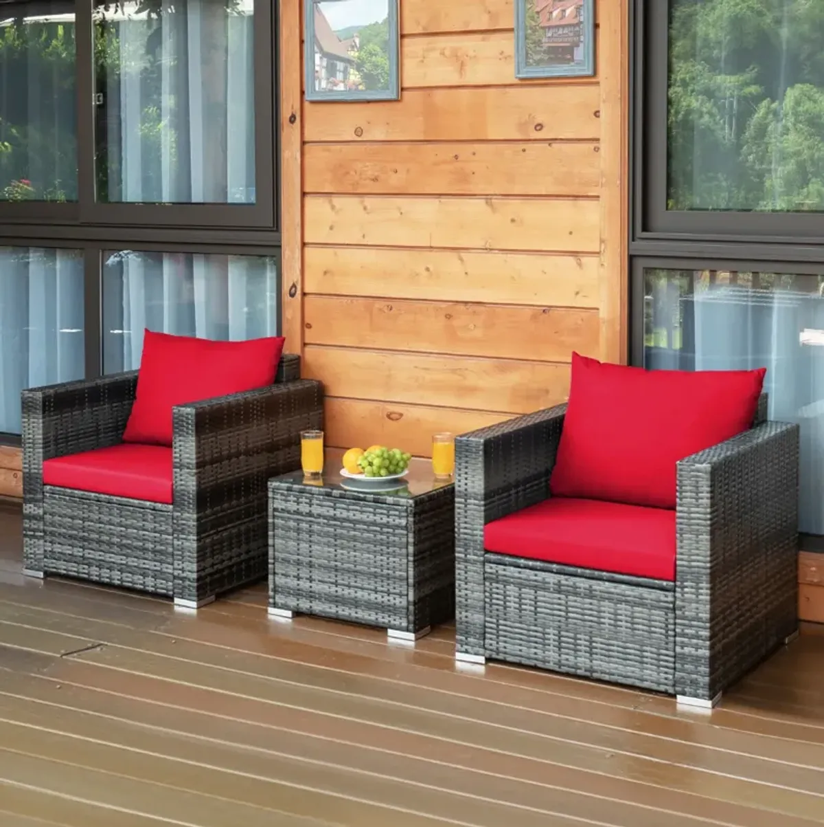 3 Pcs Patio Rattan Furniture Bistro Sofa Set with Cushioned