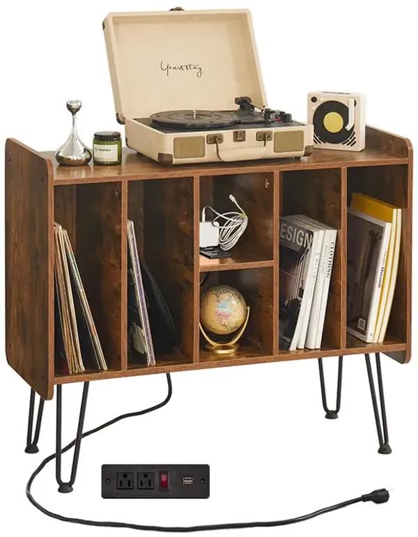 Large Record Player Stand with Vinyl Storage, Retro Brown Record Player Table with Power and USB Port, Holds Up to 200 Albums, T