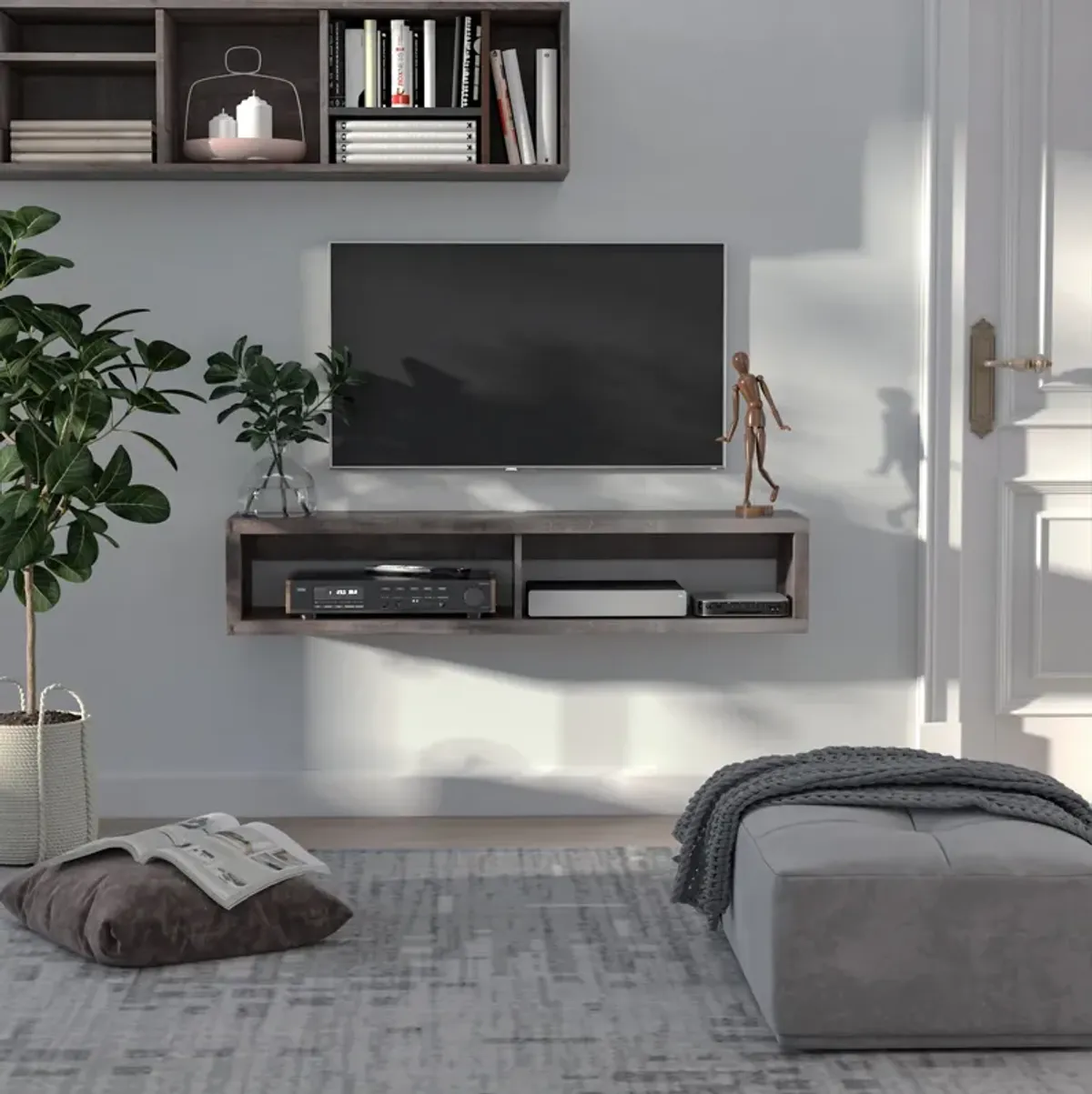 Dark Grey Media Center: Floating TV Stand with Storage Shelf