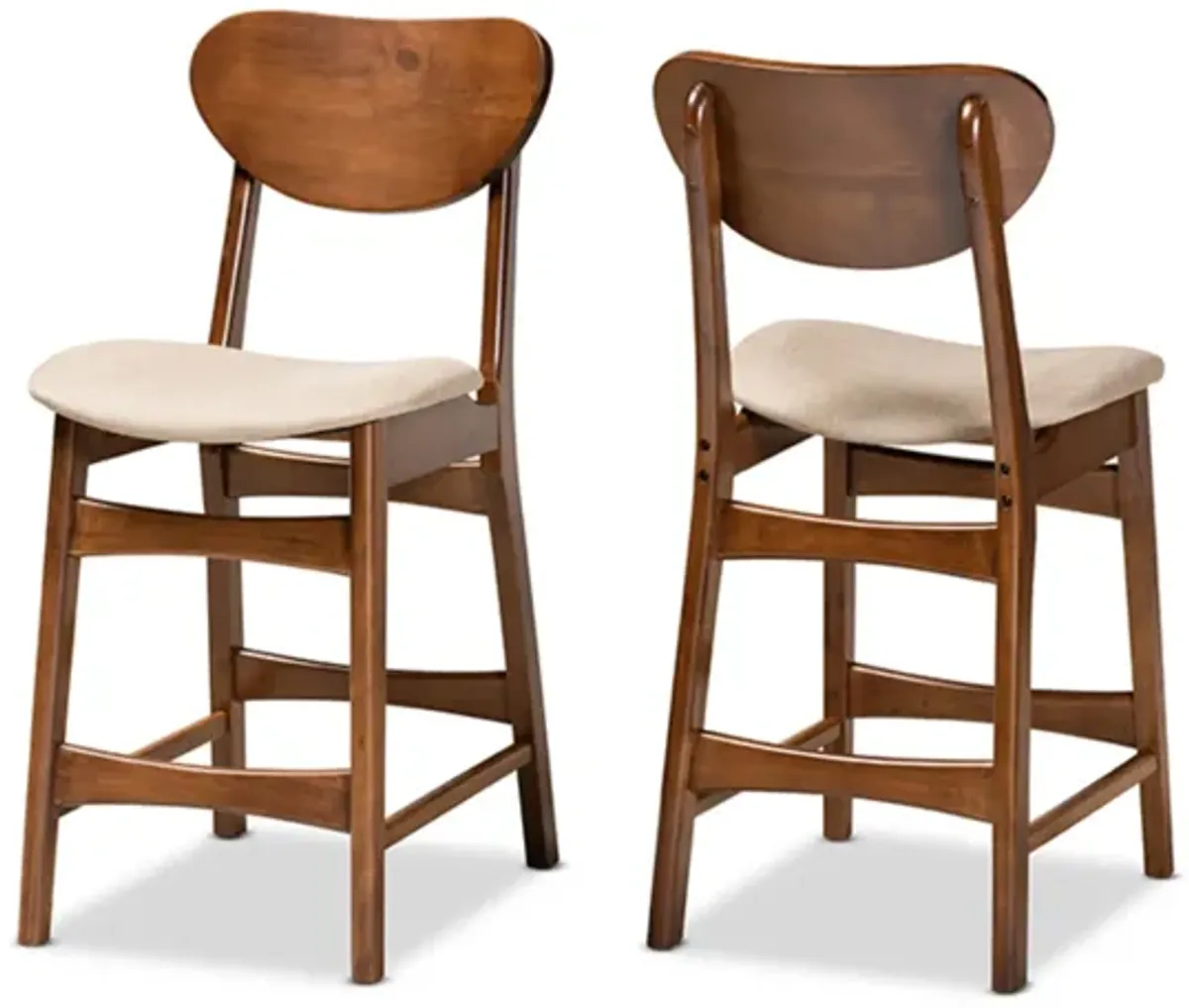 Baxton Studio Katya Mid-Century Modern Sand Fabric Upholstered and Walnut Brown Finished Wood 2-Piece Counter Stool Set