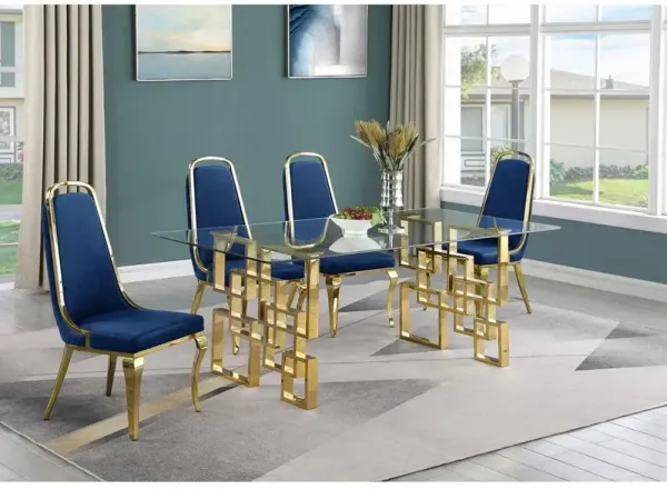 5-piece glam dining set with 4 Navy blue chairs and one 79" glass dining table