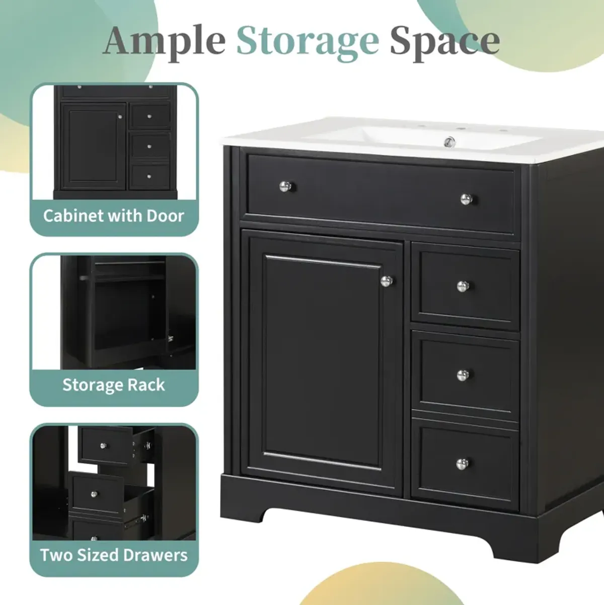 Whisen 30" Vintage Bathroom Vanity with Sink Top, Bathroom Vanity Cabinet with Drawers - White