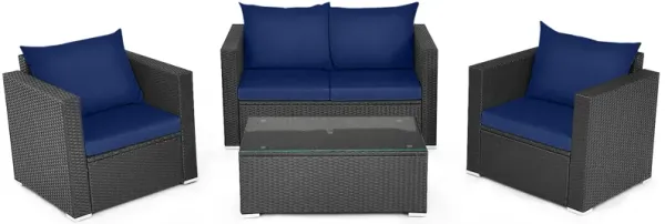 4 Pieces Patio Rattan Conversation Set with Padded Cushion and Tempered Glass Coffee Table