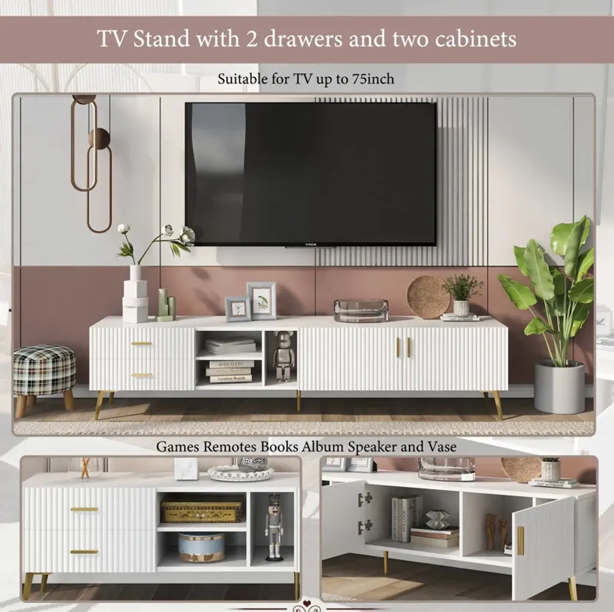 Modern TV Console Table TV Stand with Open Shelves