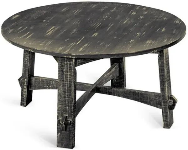 Rena Coffee Table, 36 Inch Round Top, Distressed Rustic Black Wood - Benzara