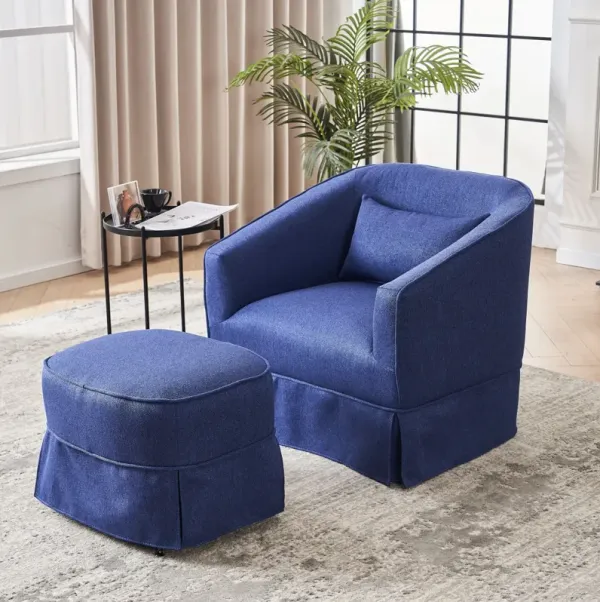 Blue Swivel Barrel Chair Set with Ottoman & Metal Base