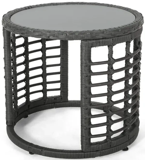 Outdoor Round Side End Table with Woven Accents, 18 Inch, Gray Rattan -Benzara