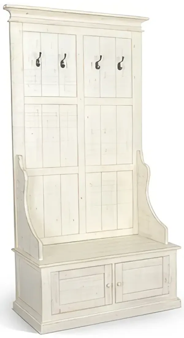 Mary Accent Hall Tree Coat Rack with Bench, 4 Hooks, Farmhouse White - Benzara