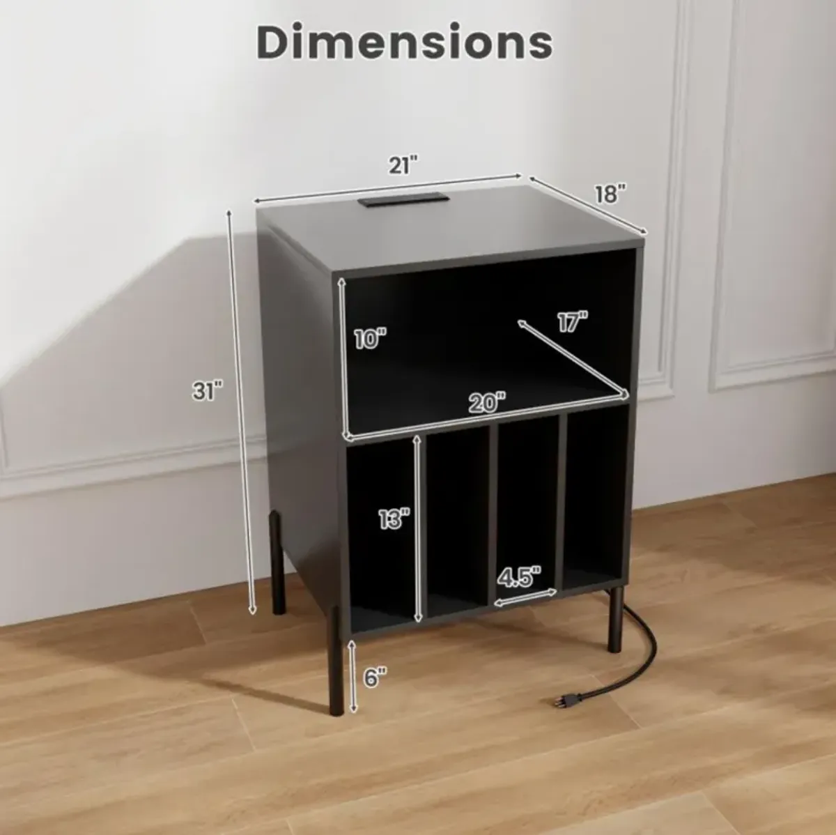 Hivvago Record Player Stand with Record Storage Shelf and Charging Station