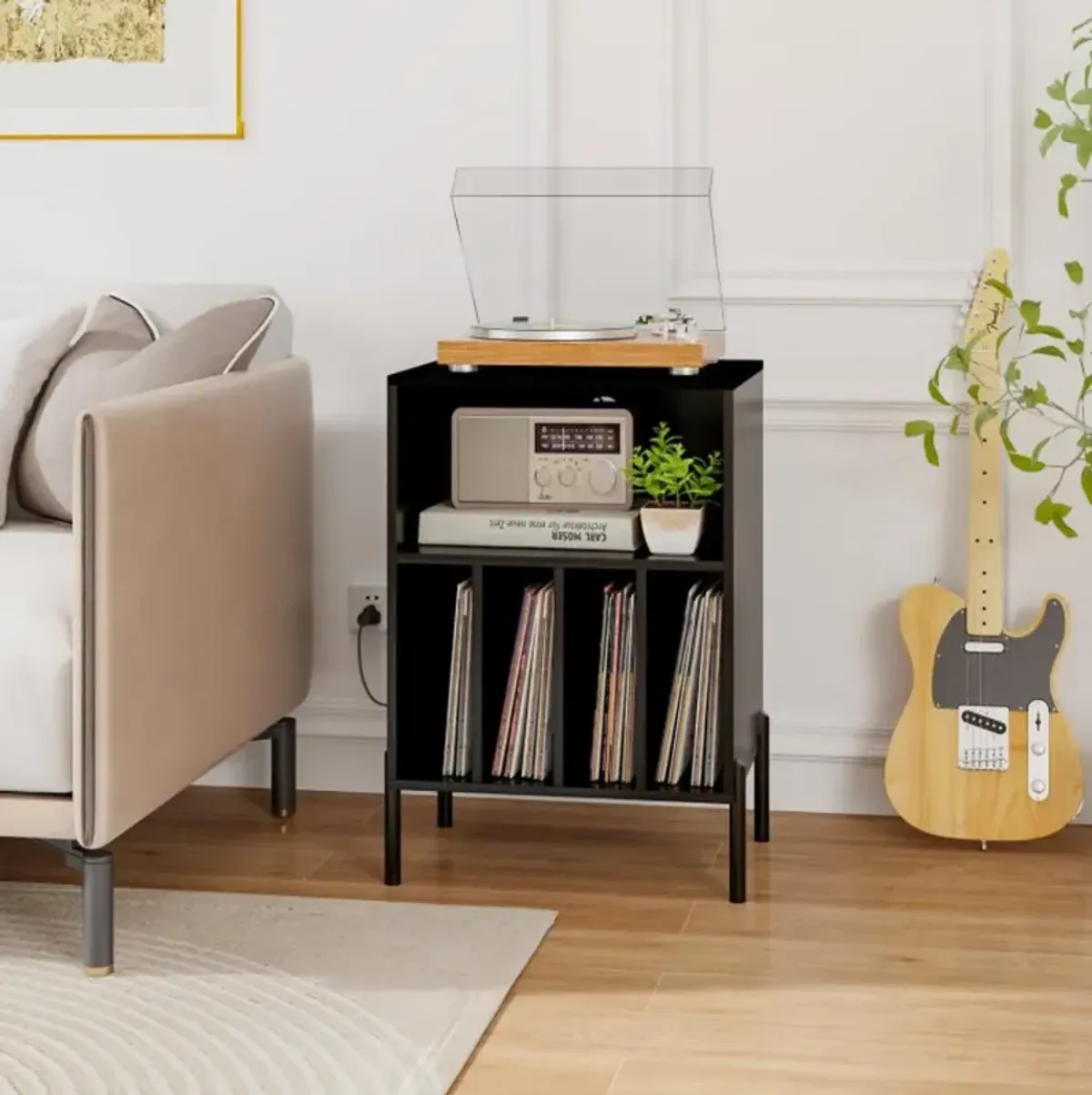 Hivvago Record Player Stand with Record Storage Shelf and Charging Station