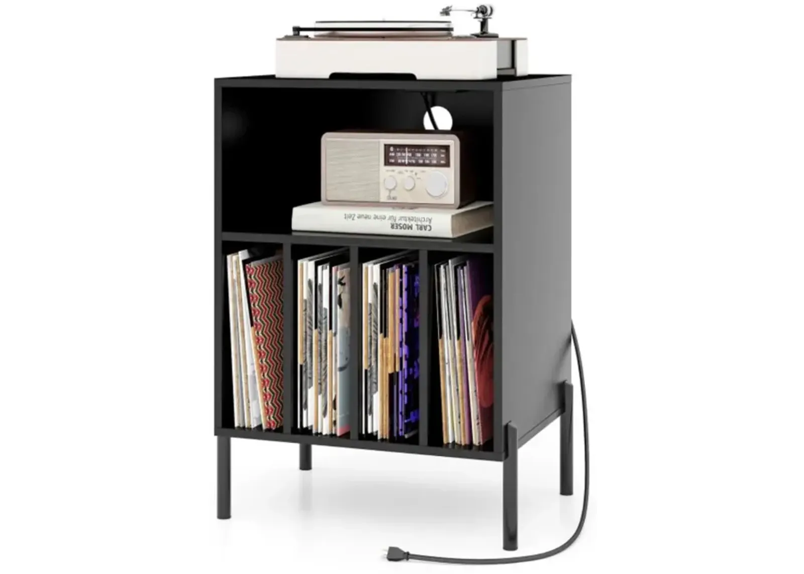 Hivvago Record Player Stand with Record Storage Shelf and Charging Station