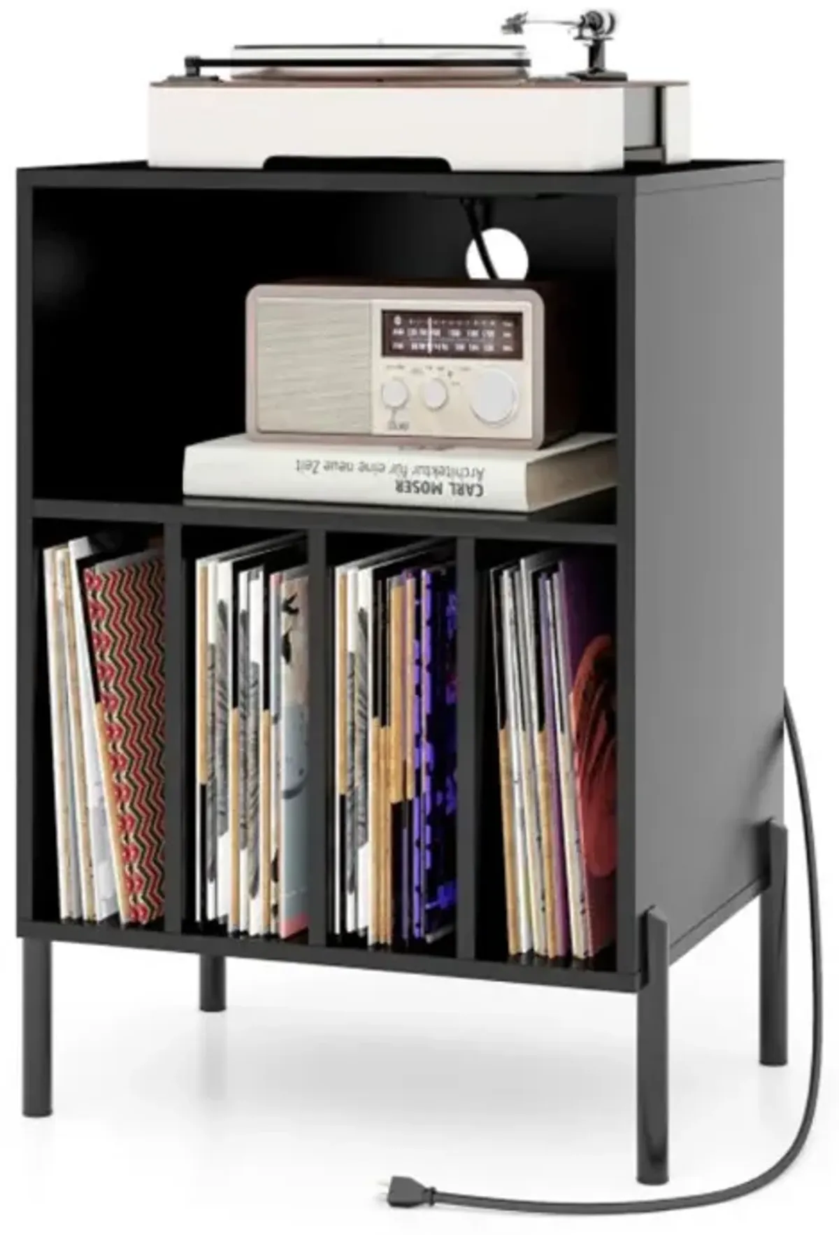 Hivvago Record Player Stand with Record Storage Shelf and Charging Station