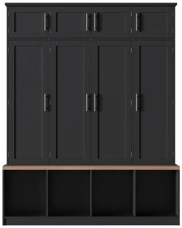 Merax Farmhouse Walnut Hall Tree 4 Hidden Hooks, 8-Door Bench | Shoe Cabinet with Open Storage