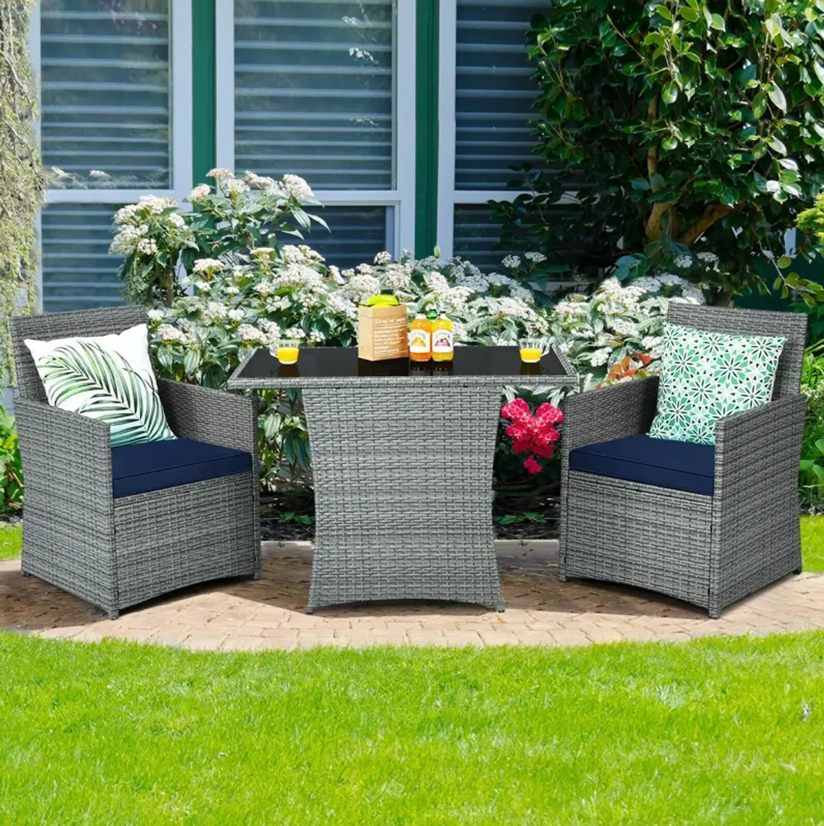 3 Pieces Patio Rattan Furniture Set with Cushioned Armrest Sofa