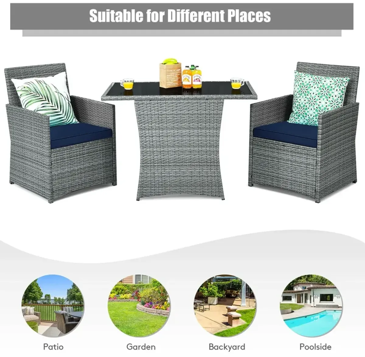 3 Pieces Patio Rattan Furniture Set with Cushioned Armrest Sofa