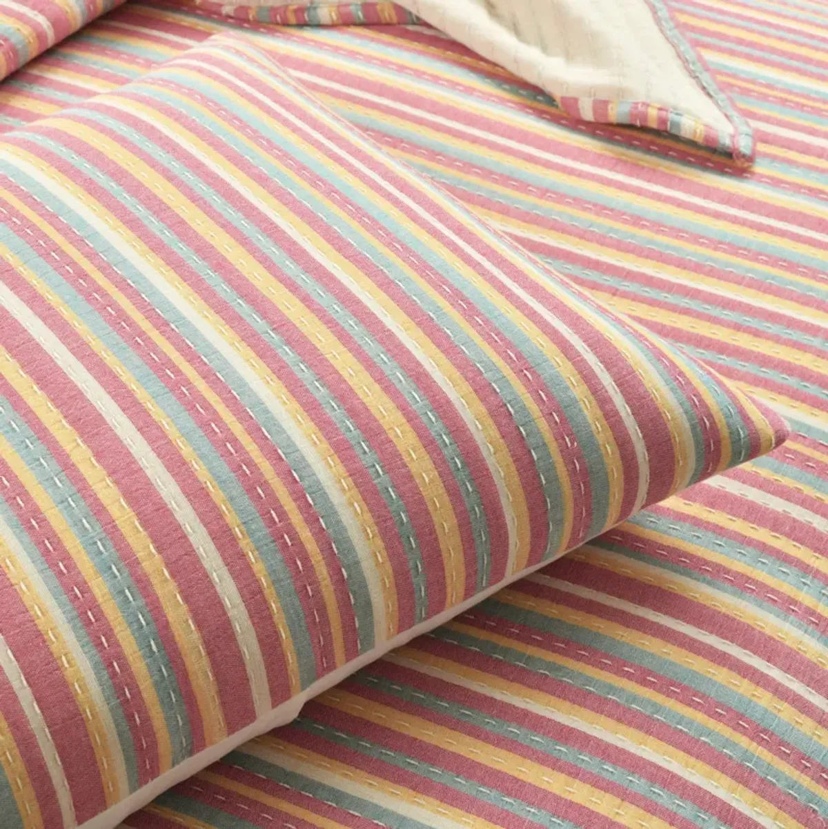 Tracy Stripe Pick stitch Kantha Yarn Dyed Cotton Woven Quilt/Coverlet 3Pc Set