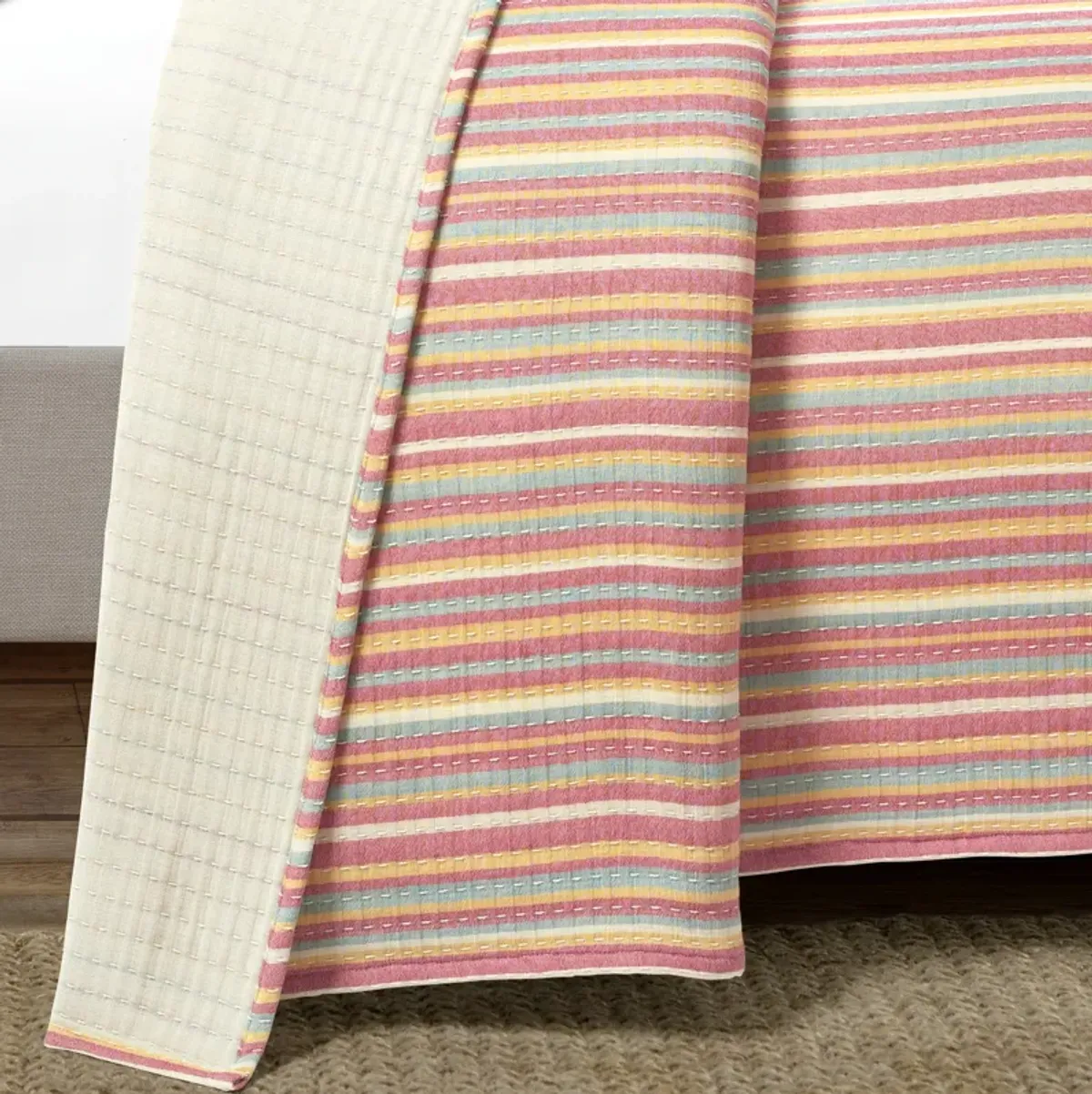 Tracy Stripe Pick stitch Kantha Yarn Dyed Cotton Woven Quilt/Coverlet 3Pc Set