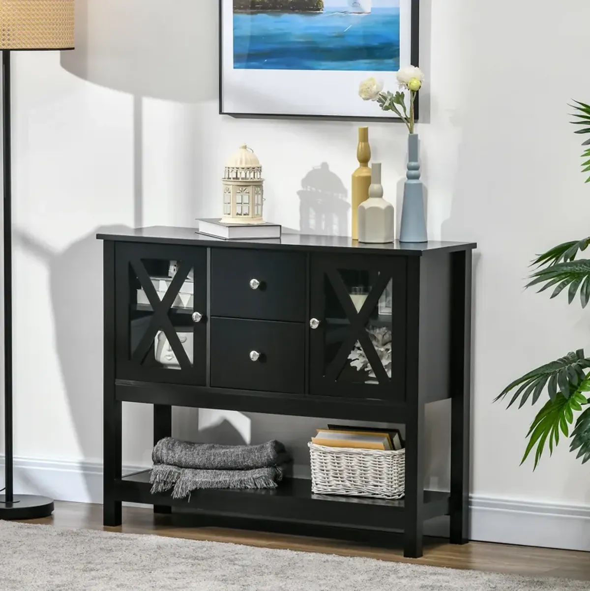 Black Dining Storage: Modern Buffet Cabinet with Glass Door