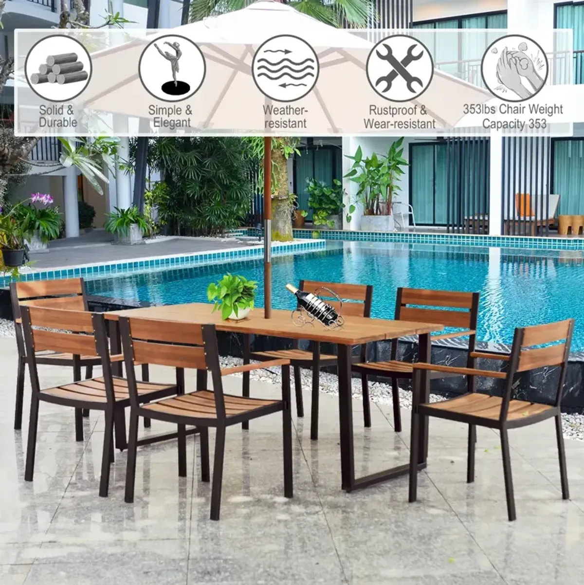 Patented 7 Pieces Patented Outdoor Patio Dining Table Set with Hole