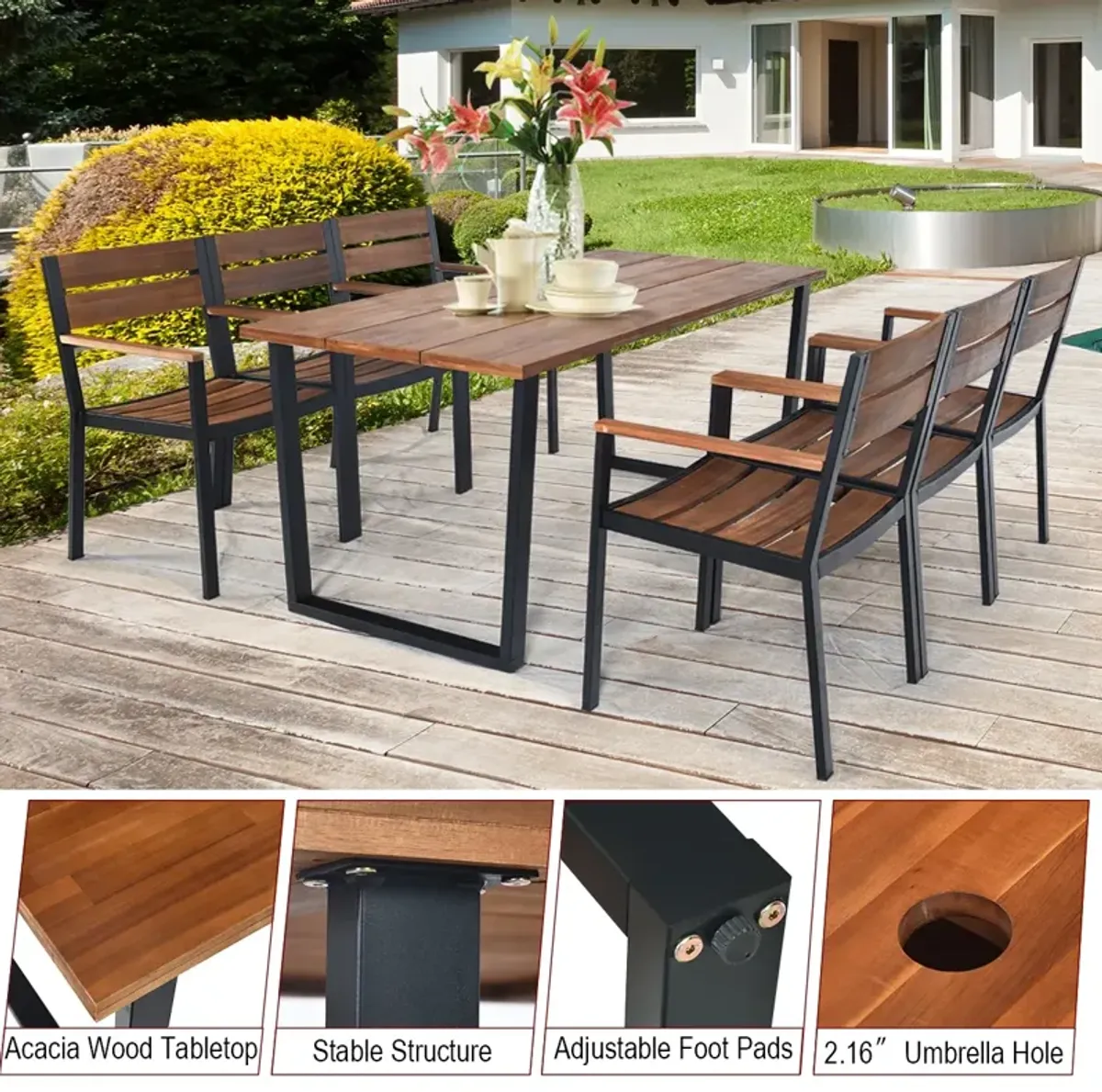 Patented 7 Pieces Patented Outdoor Patio Dining Table Set with Hole