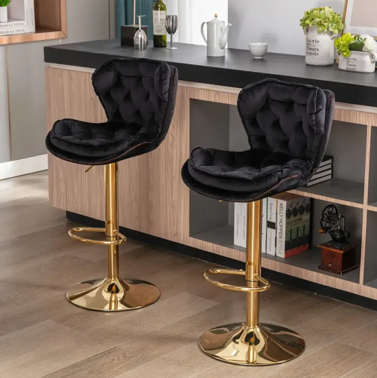 Set of 2 Bar Stools, with Chrome Footrest and Base Swivel Height Adjustable Mechanical Lifting Velvet + Golden Leg Simple Bar Stool-black