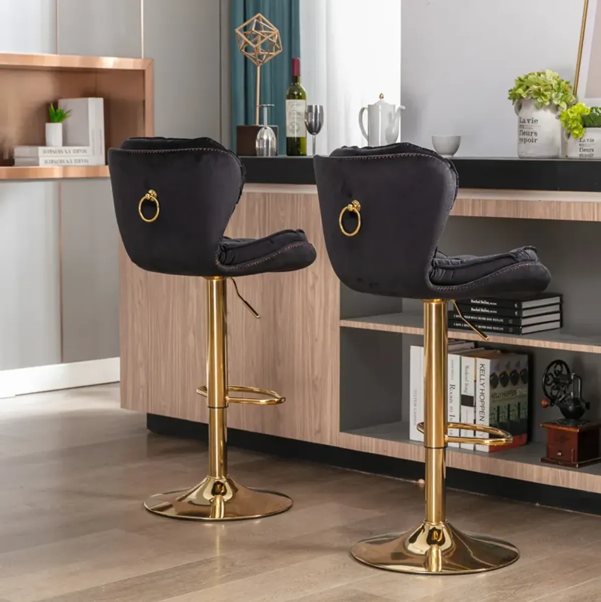 Set of 2 Bar Stools, with Chrome Footrest and Base Swivel Height Adjustable Mechanical Lifting Velvet + Golden Leg Simple Bar Stool-black