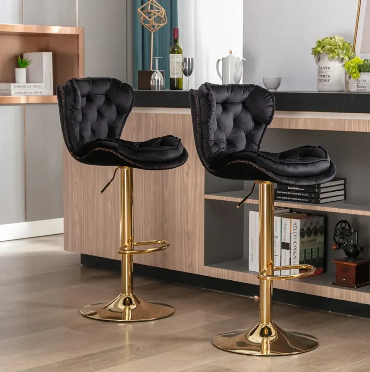 Set of 2 Bar Stools, with Chrome Footrest and Base Swivel Height Adjustable Mechanical Lifting Velvet + Golden Leg Simple Bar Stool-black