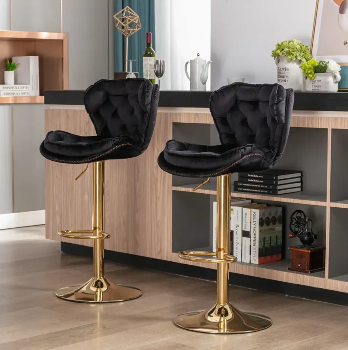 Set of 2 Bar Stools, with Chrome Footrest and Base Swivel Height Adjustable Mechanical Lifting Velvet + Golden Leg Simple Bar Stool-black